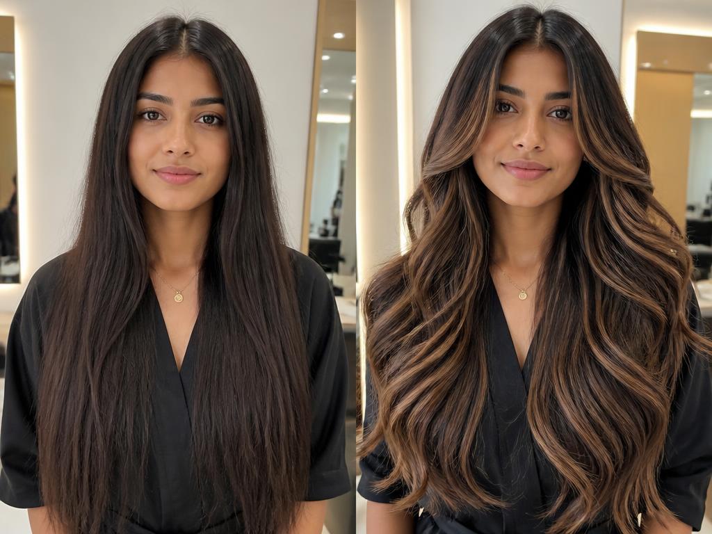 Balayage before and after on long dark hair at Hair Majesty Faridabad