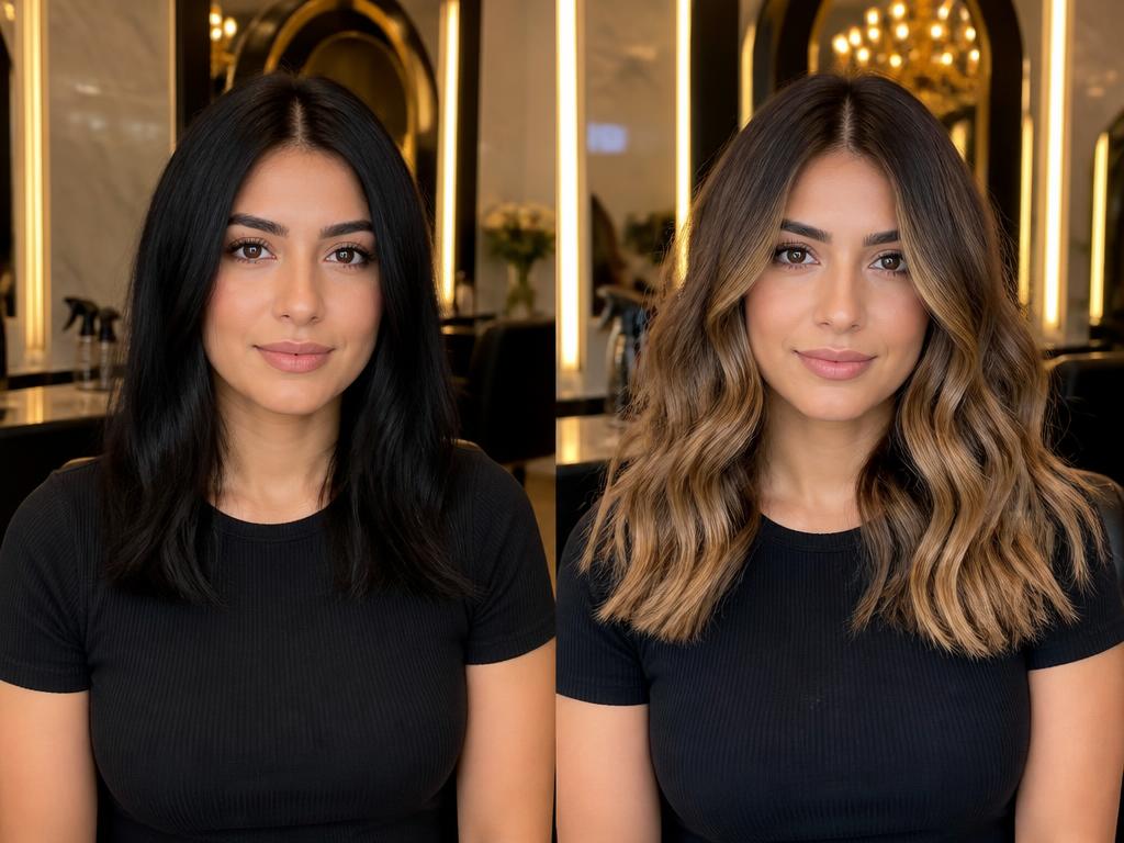 Honey blonde balayage before and after on medium hair at Hair Majesty Faridabad