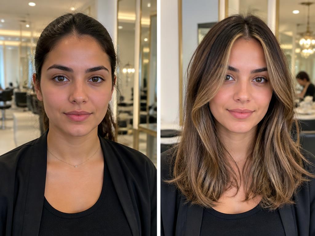 Face-framing balayage highlights before and after at Hair Majesty Faridabad